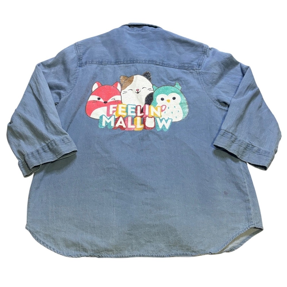 Squishmallows Cam The Cat Denim Shirt XL Women Chambray Button Up Feelin Mallow